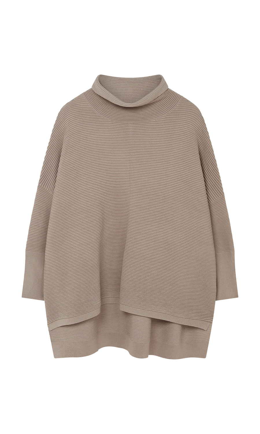 Plümo  Jack Rollneck - Miso: Beige ribbed knit poncho with wide sleeves, rollneck, and asymmetrical hem on a white background.