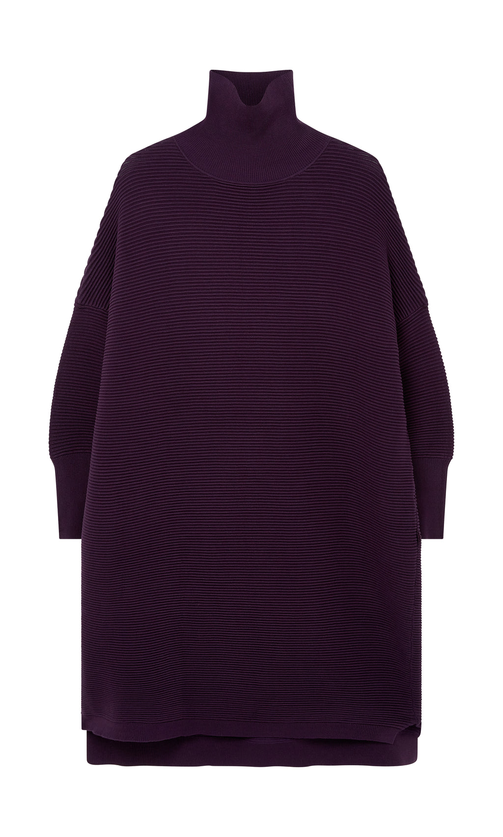 Plümo  The Longer Jack Rollneck - Lupin, a ribbed purple long-sleeve dress, is shown on a white background.