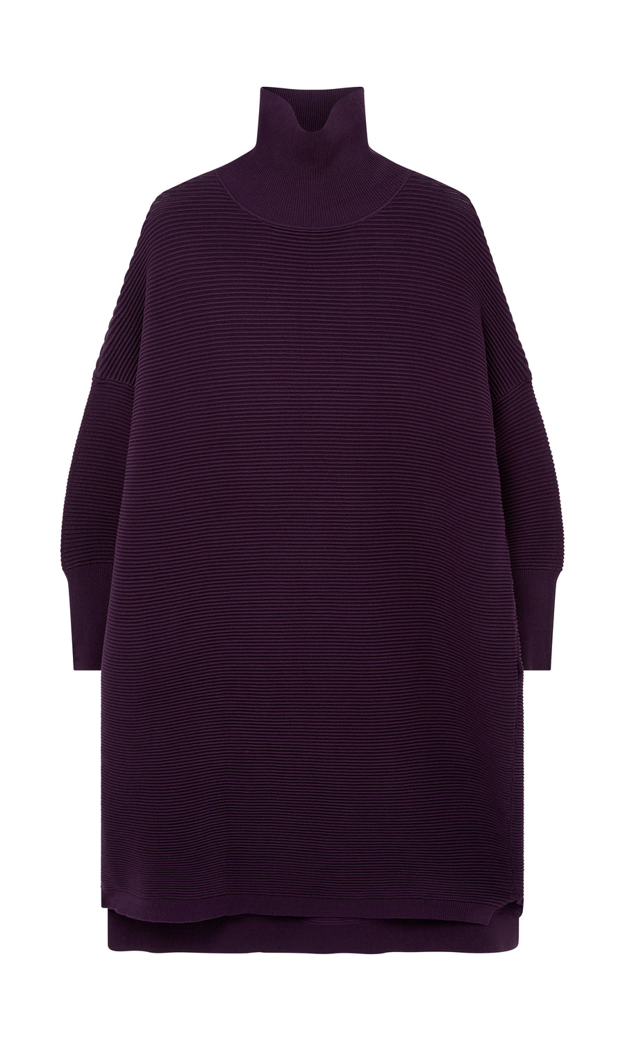 Plümo  The Longer Jack Rollneck - Lupin, a ribbed purple long-sleeve dress, is shown on a white background.