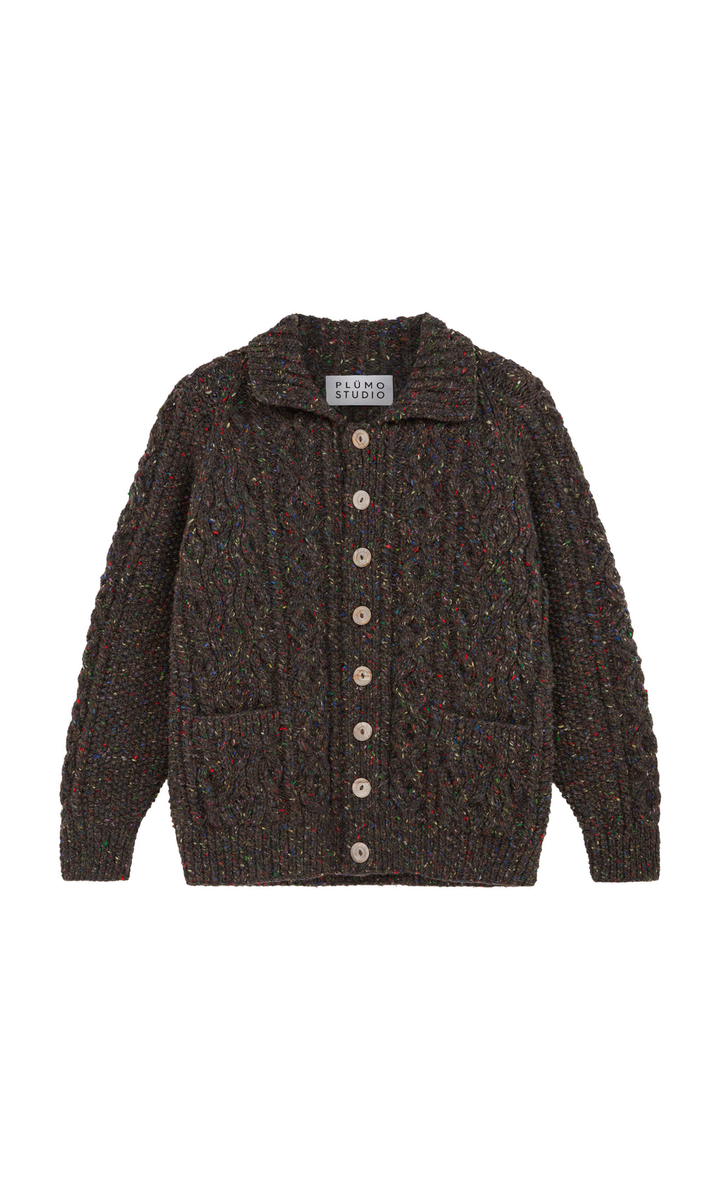 Plümo  Kilcarra Tweed Cardigan: dark brown Aran wool, buttoned, two pockets, collared; shown on a white background.