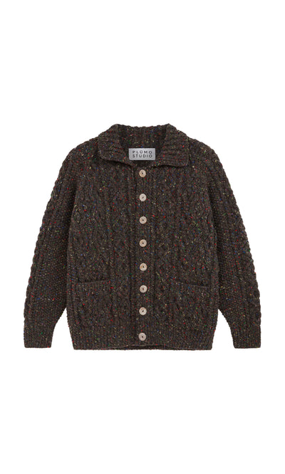 Plümo  Kilcarra Tweed Cardigan: dark brown Aran wool, buttoned, two pockets, collared; shown on a white background.