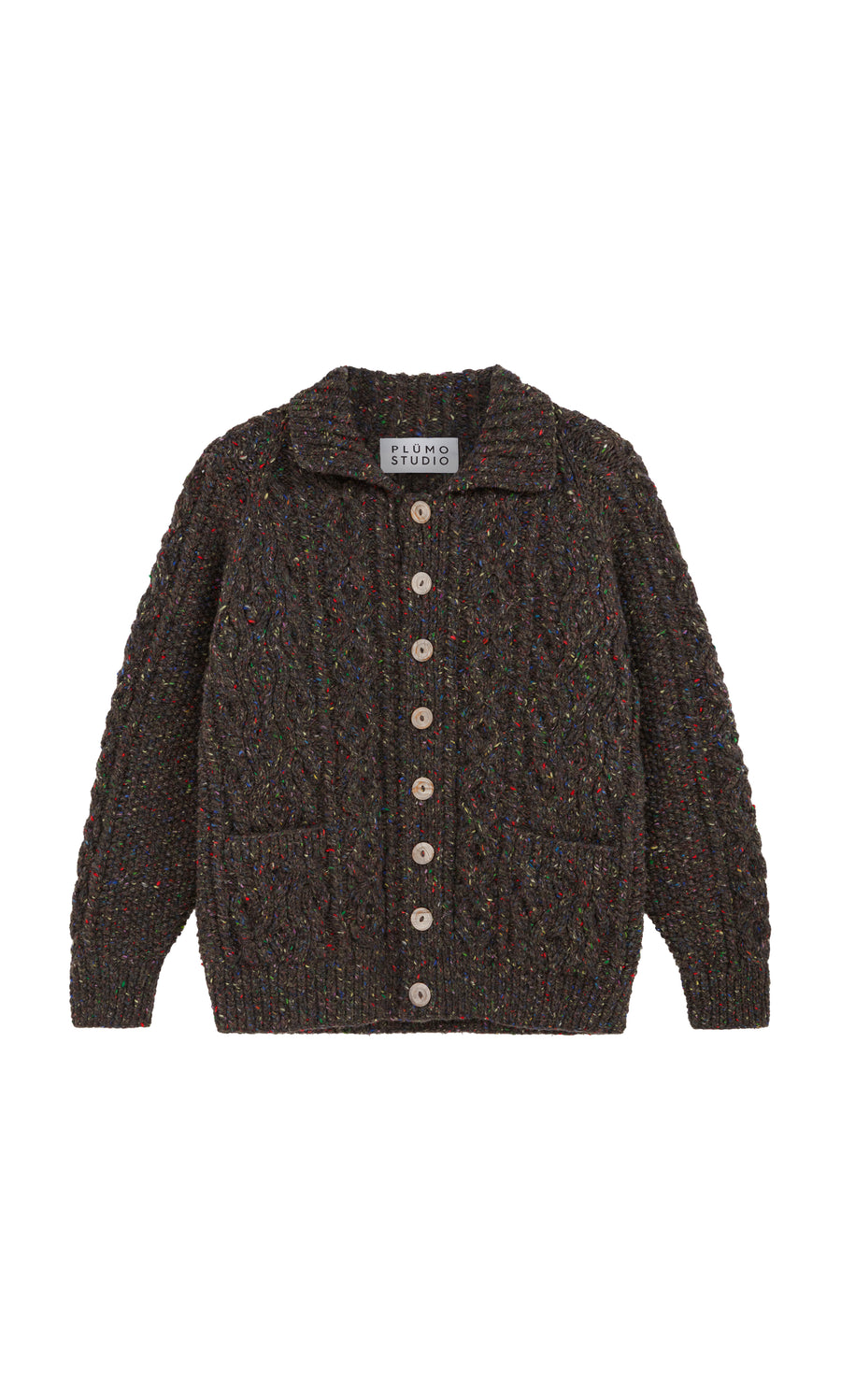 Plümo  Kilcarra Tweed Cardigan: dark brown Aran wool, buttoned, two pockets, collared; shown on a white background.