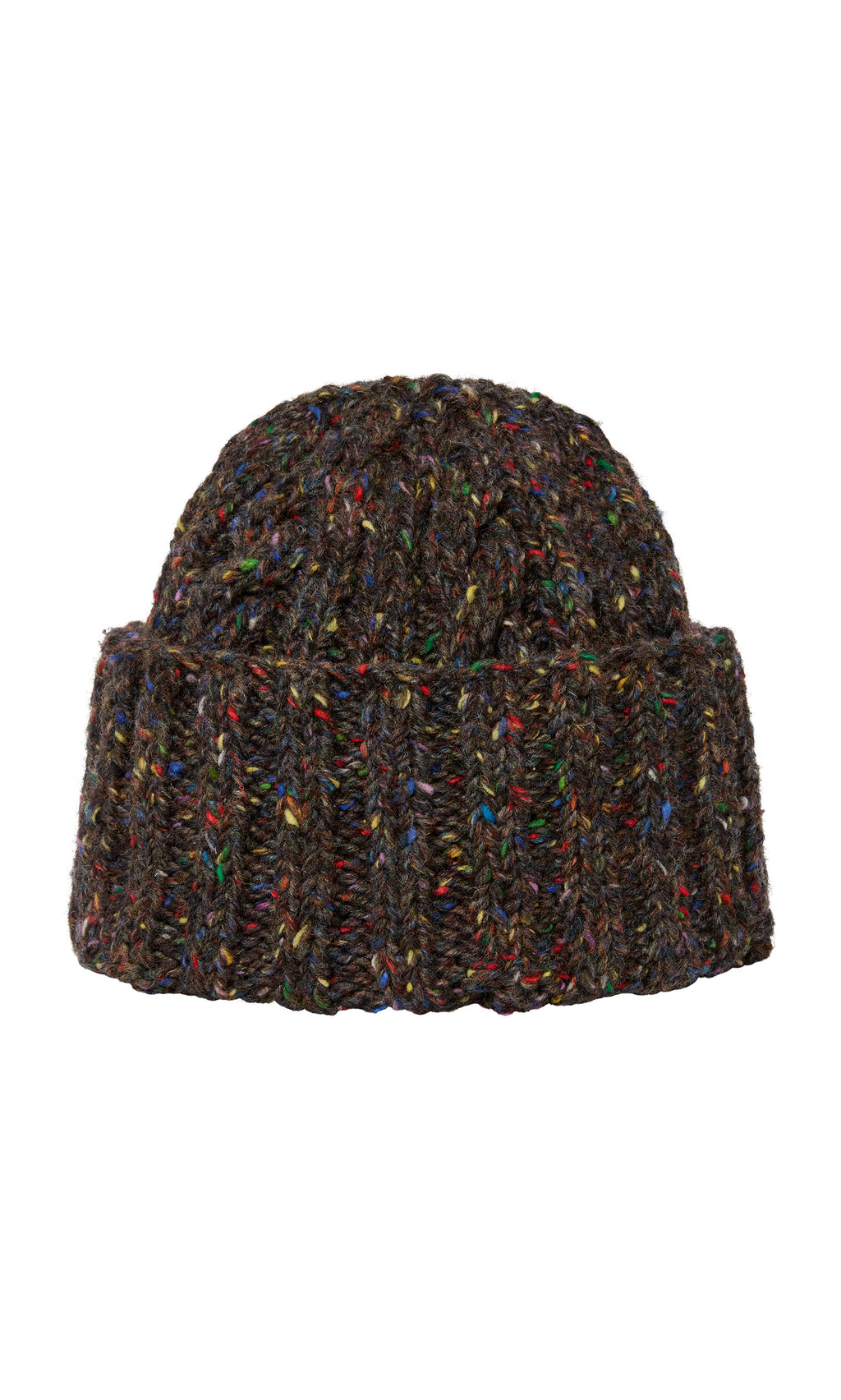 Plümo  Kilcarra Tweed Beanie: Dark cable-knit with colorful wool specks and a wide cuff, shown on a white background.