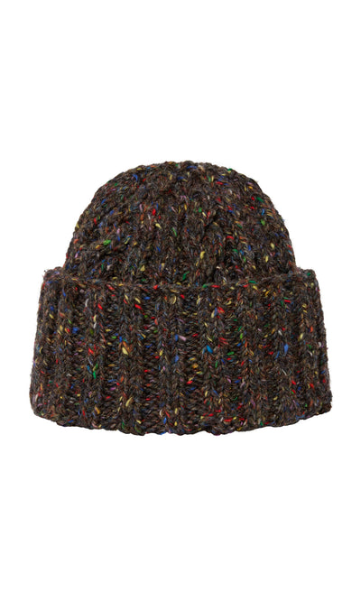 Plümo  Kilcarra Tweed Beanie: Dark cable-knit with colorful wool specks and a wide cuff, shown on a white background.