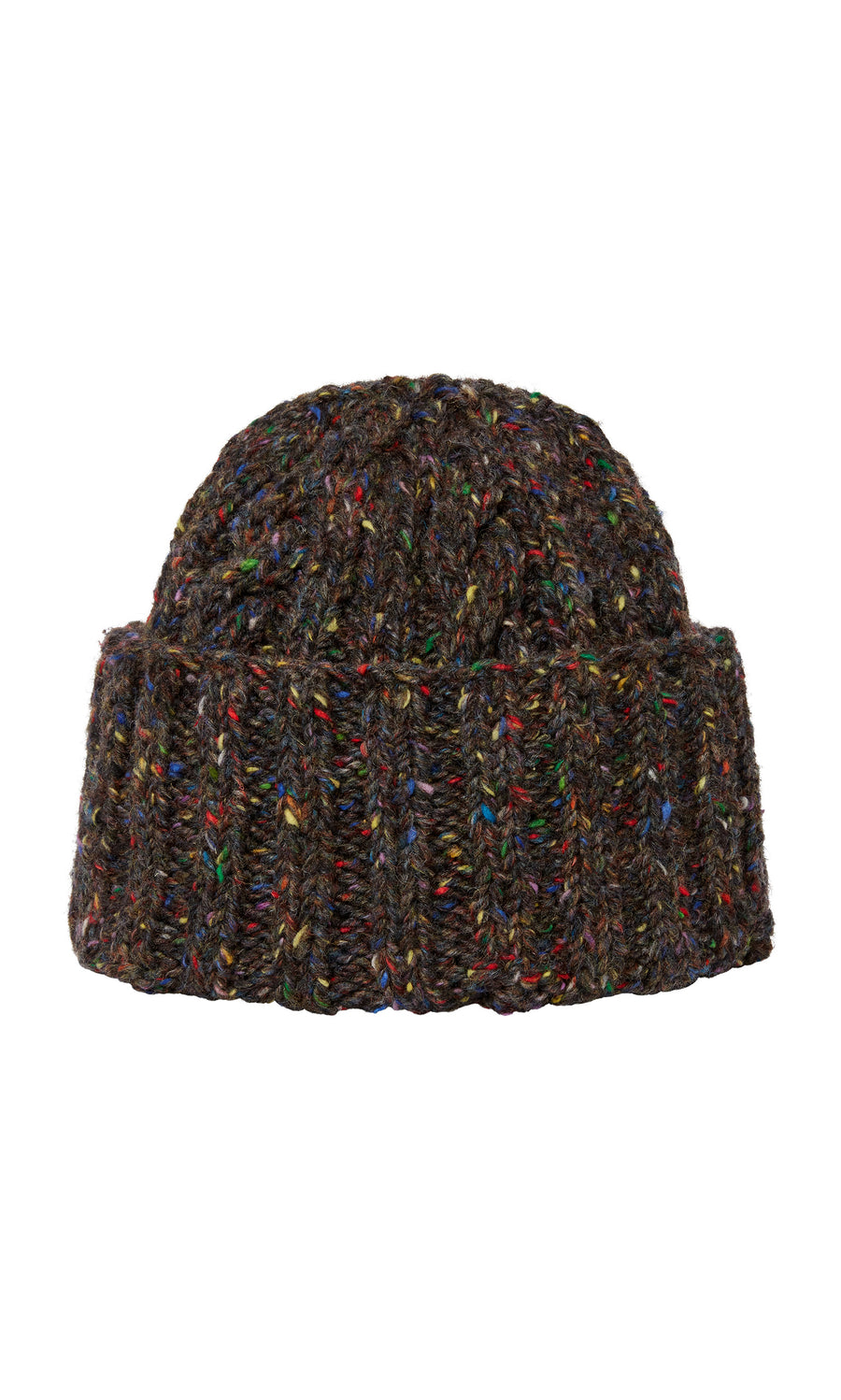 Plümo  Kilcarra Tweed Beanie: Dark cable-knit with colorful wool specks and a wide cuff, shown on a white background.
