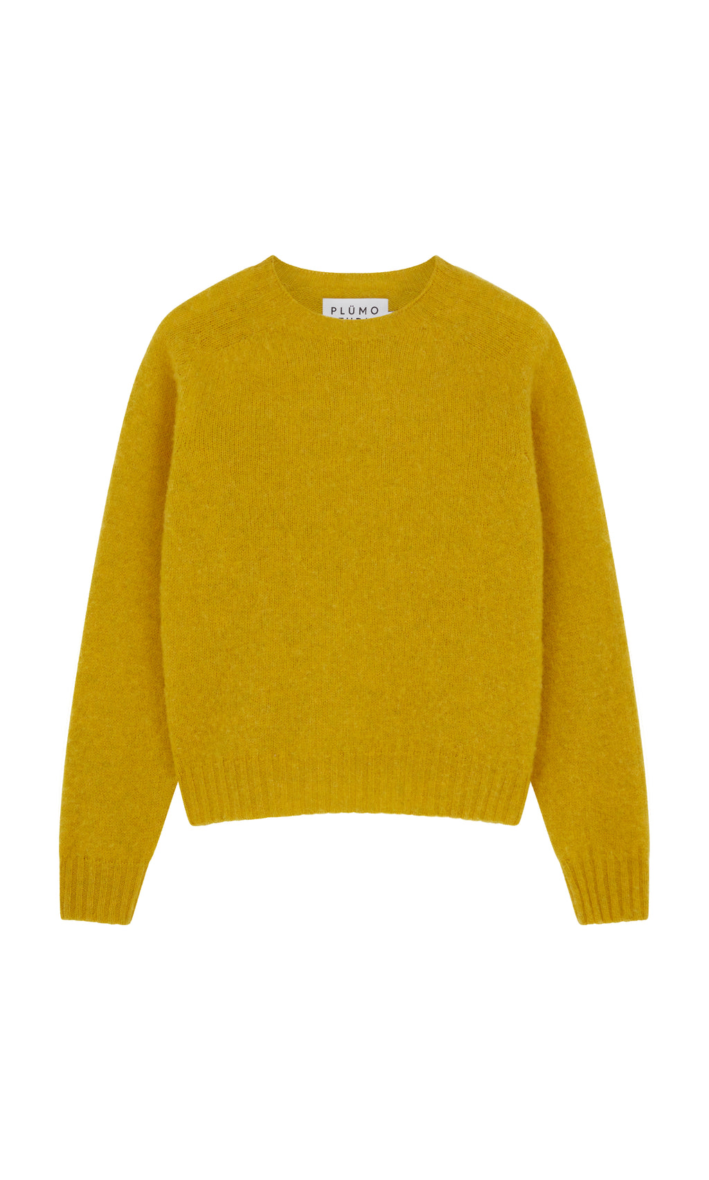 Plümo  Wicklow Crewneck in Golden Hop: pure new wool, long sleeves, crew neck, ribbed cuffs  hem, flat on white background.