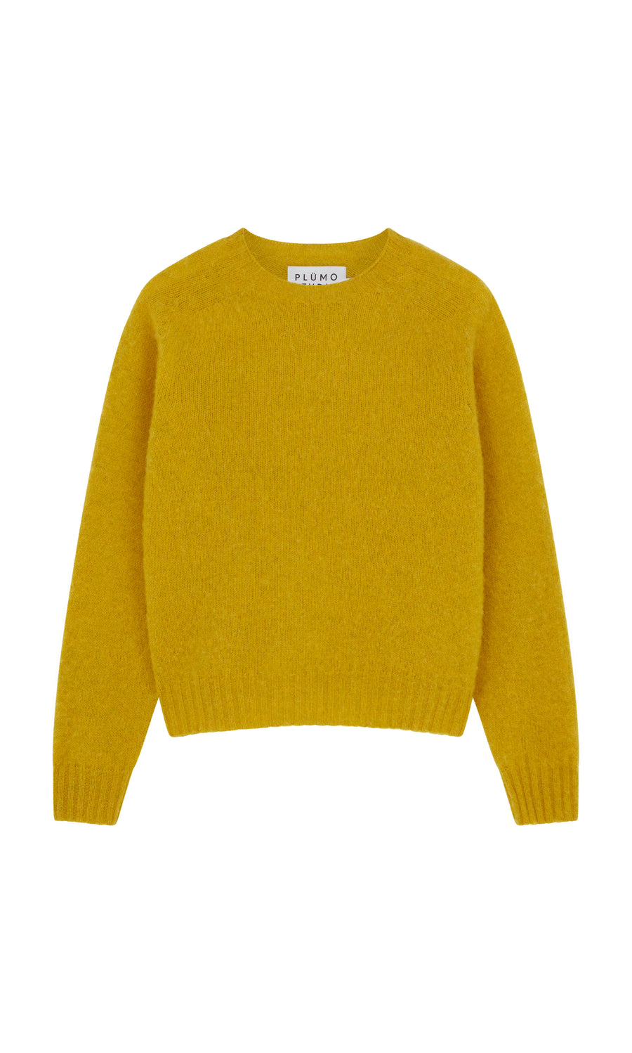 Plümo  Wicklow Crewneck in Golden Hop: pure new wool, long sleeves, crew neck, ribbed cuffs  hem, flat on white background.