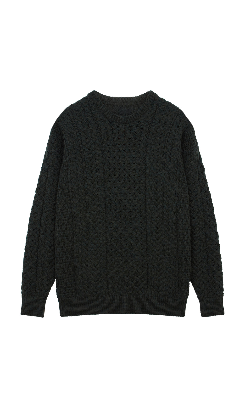 Plümo  Aran Jumper - Croft Green shown flat with round neckline and long sleeves.