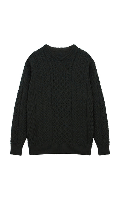 Plümo  Aran Jumper - Croft Green shown flat with round neckline and long sleeves.