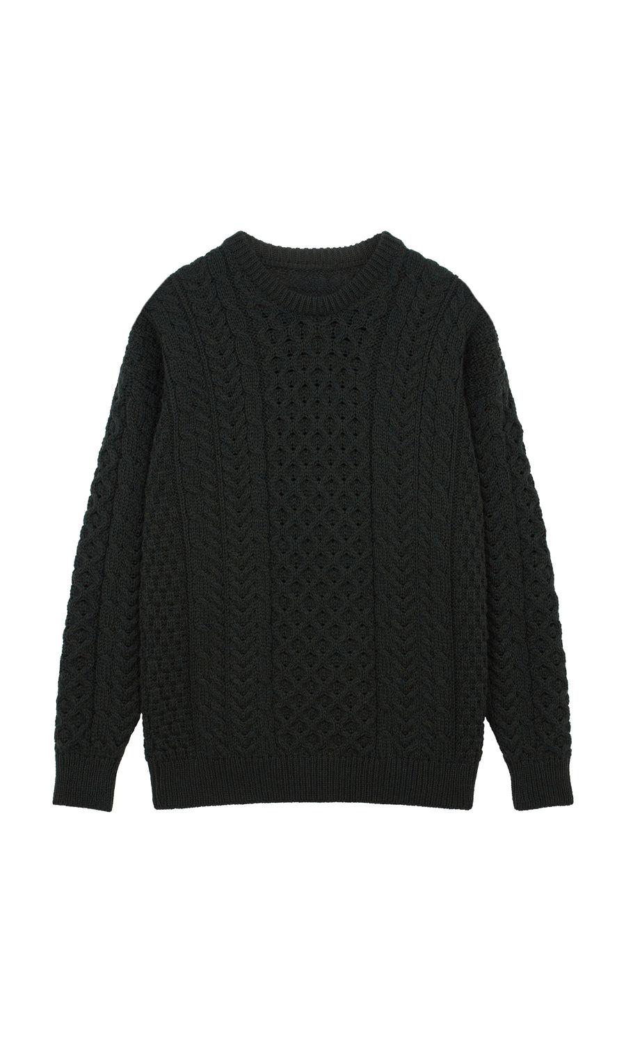 Plümo  Aran Jumper - Croft Green shown flat with round neckline and long sleeves.