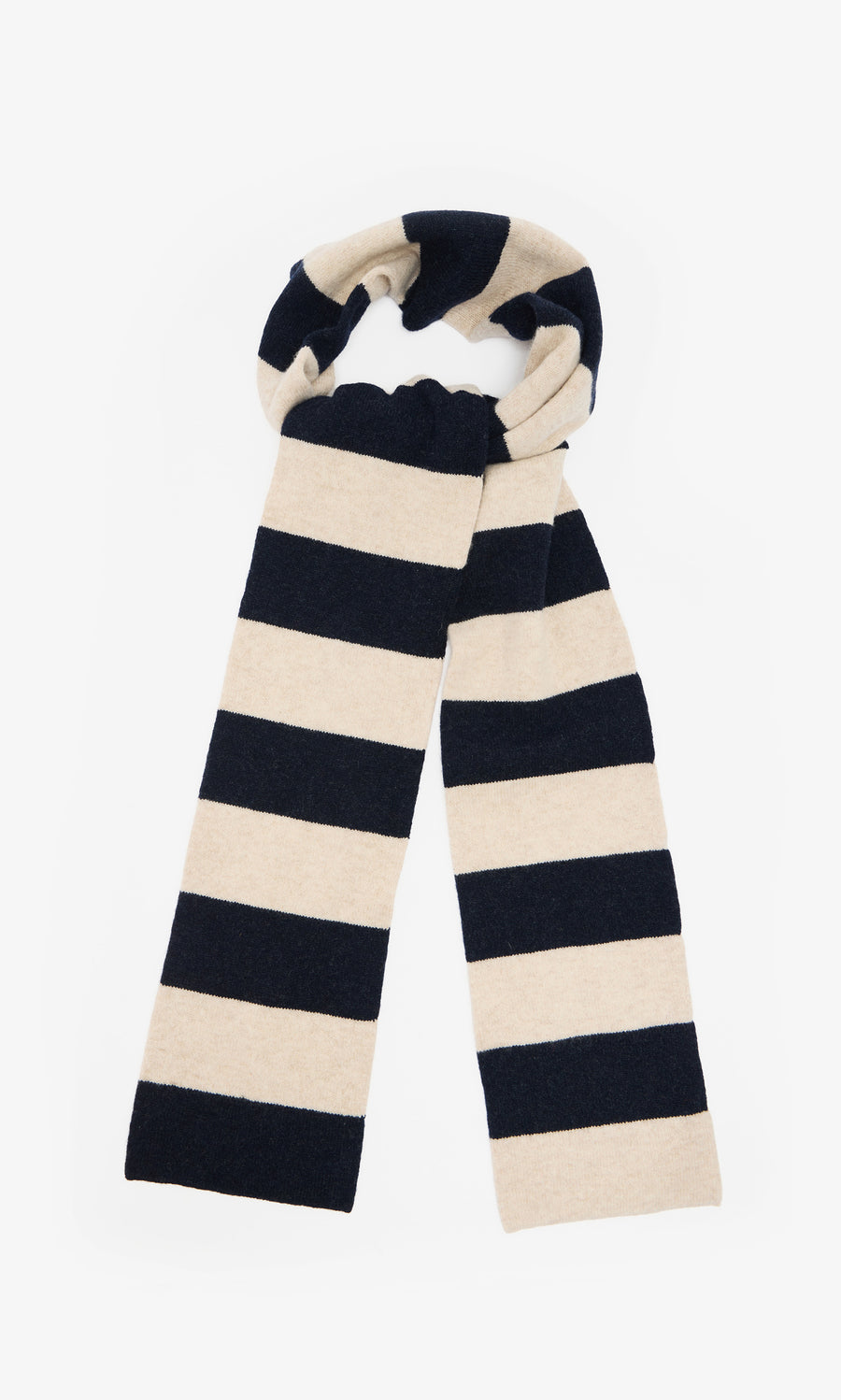 Plümo  Rugby Stripe Scarf in lambswool features wide black and beige stripes, shown flat on a white background.