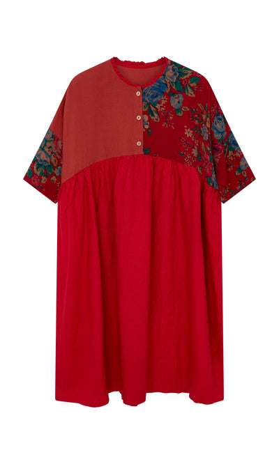 Plümo  The Burns Patchwork Dress features red linen, short sleeves, floral accents, buttons, and a chic midi silhouette.