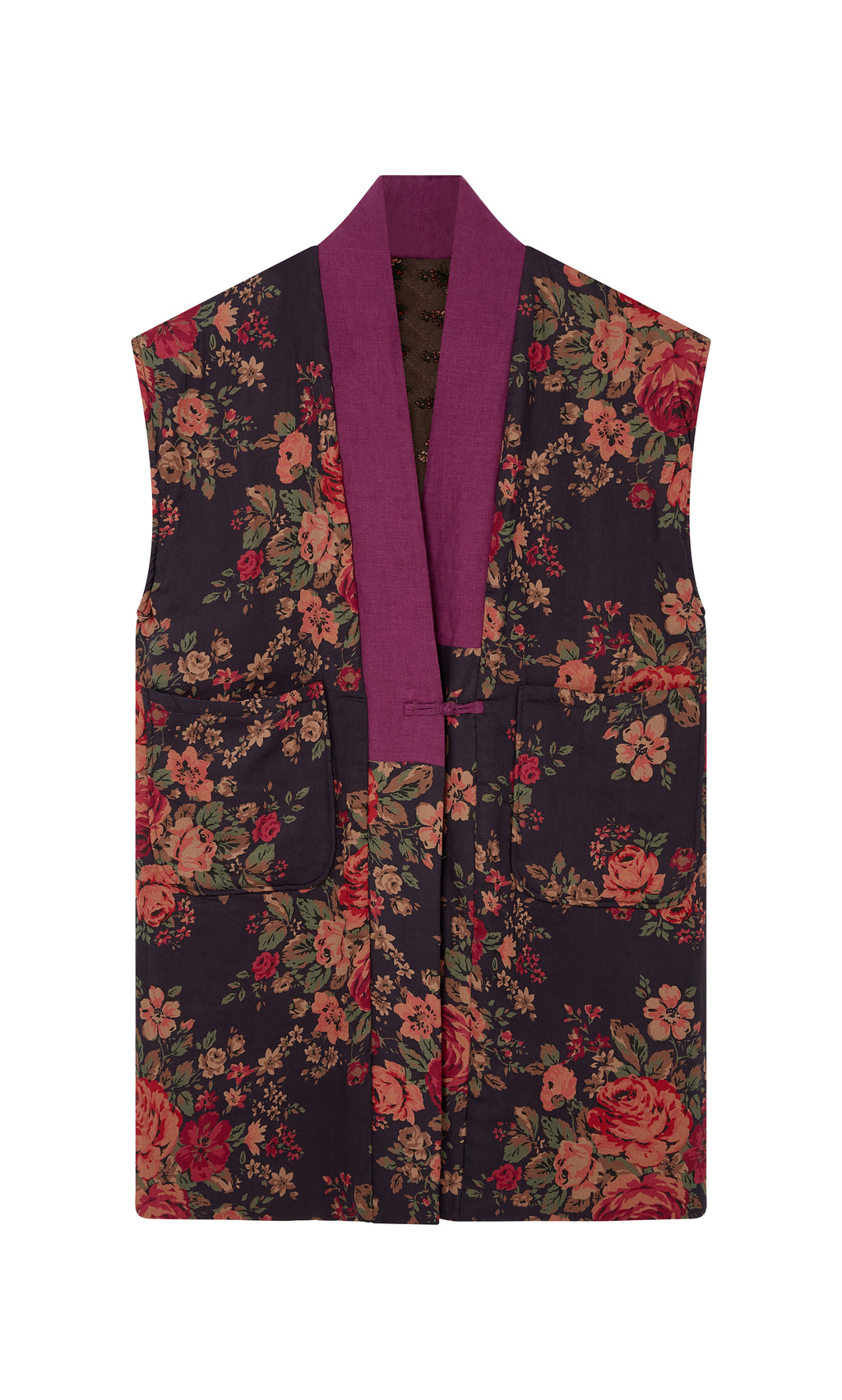 Plümo  Manton Gilet: Sleeveless, dark base with red/pink blooms, front pocket, purple trim—ideal for quilted layering.