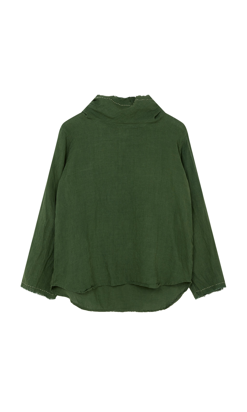 Plümo  Kim Ruffle Stitch Blouse: Dark green linen, long sleeves, relaxed fit, curved hem, hand-stitched for unique style.