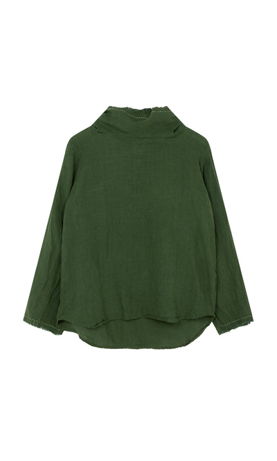 Plümo  Kim Ruffle Stitch Blouse: Dark green linen, long sleeves, relaxed fit, curved hem, hand-stitched for unique style.