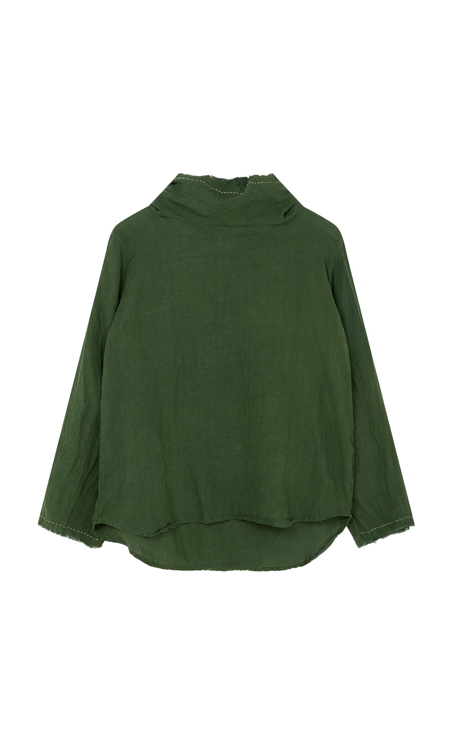 Plümo  Kim Ruffle Stitch Blouse: Dark green linen, long sleeves, relaxed fit, curved hem, hand-stitched for unique style.
