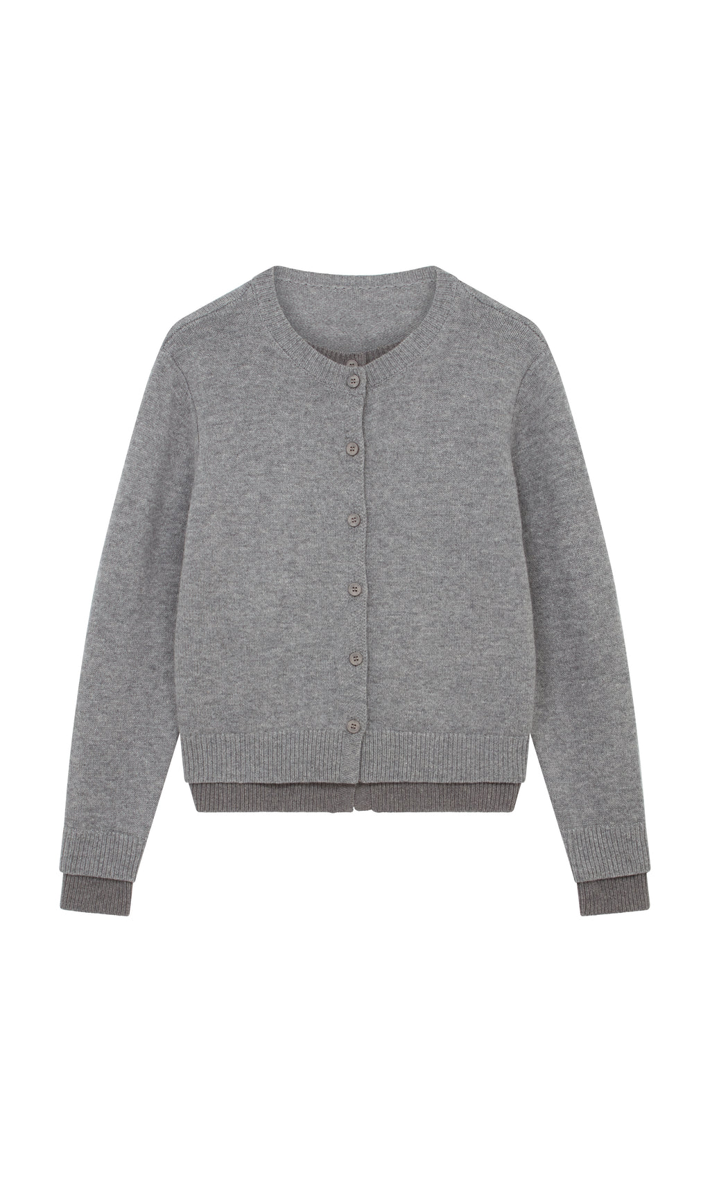 Plümo  Grey Melange Cardigan: two-tone wool, button-up, long sleeves, ribbed cuffs/hem, shown flat on white.