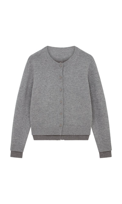 Plümo  Grey Melange Cardigan: two-tone wool, button-up, long sleeves, ribbed cuffs/hem, shown flat on white.