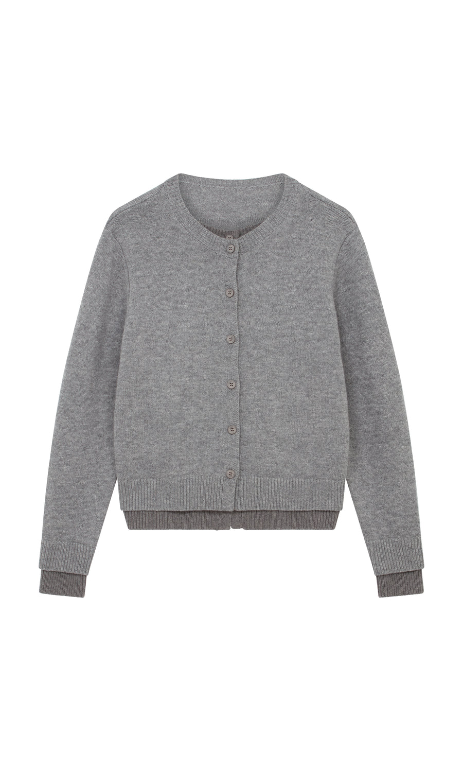 Plümo  Grey Melange Cardigan: two-tone wool, button-up, long sleeves, ribbed cuffs/hem, shown flat on white.