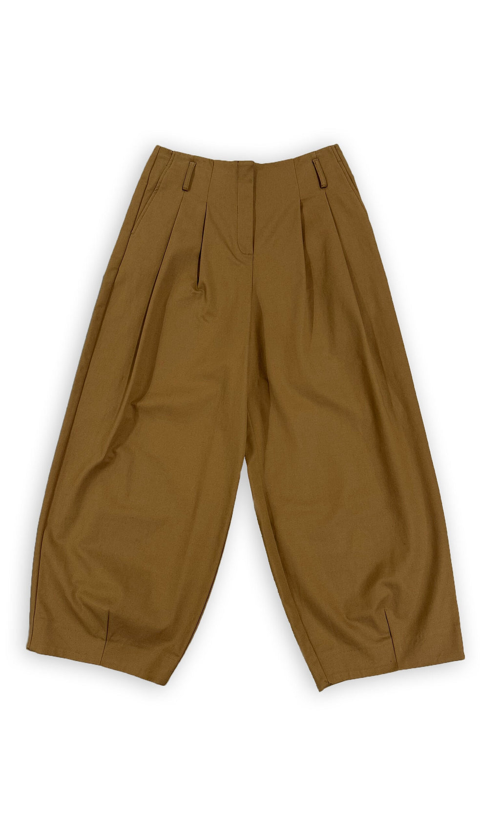 Plümo- Caden Suit Pants: brown, wide-leg, UK10 high-waist barrel style with belt loops, shown flat on white background.
