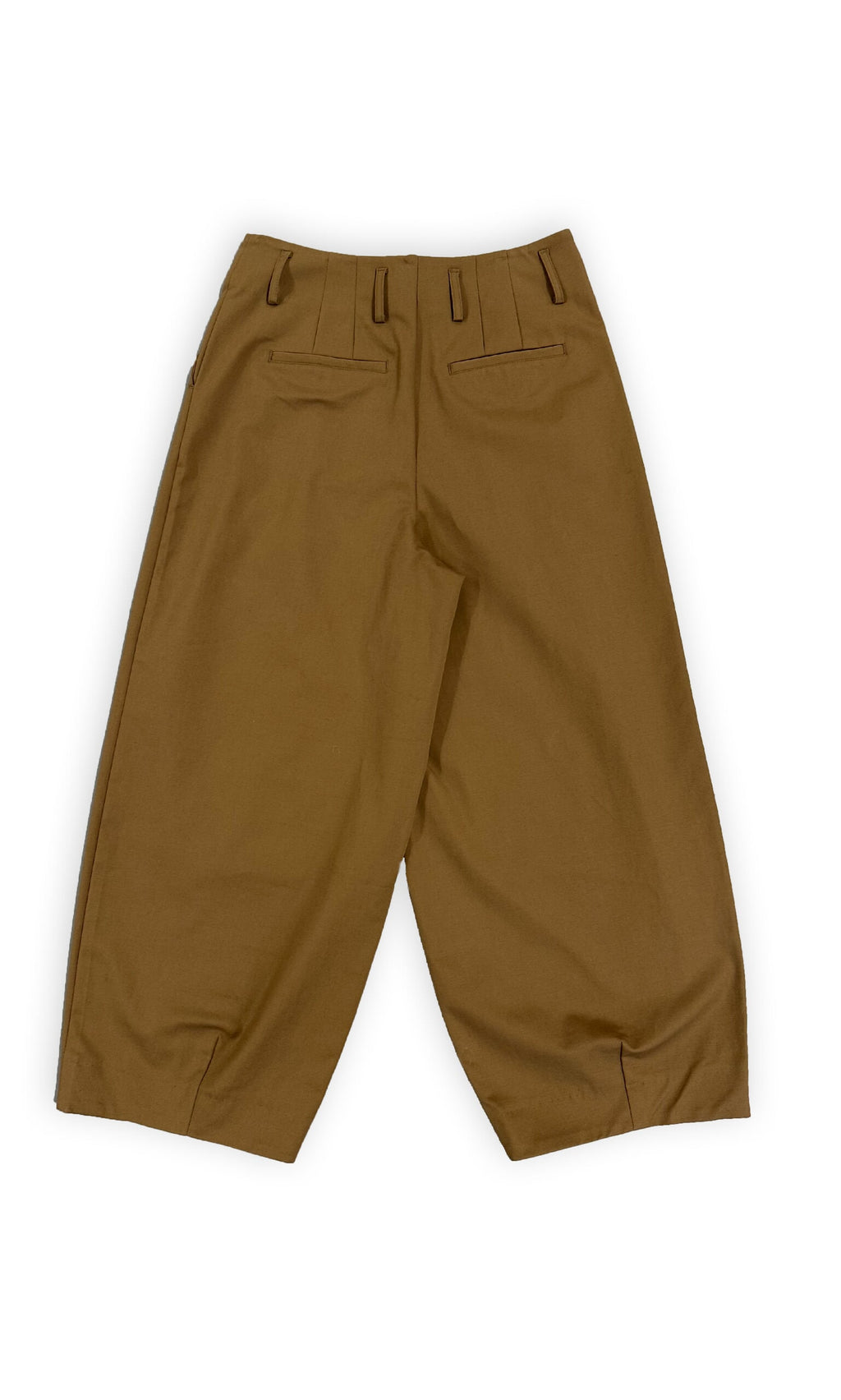 Plümo- Caden Suit Pants in brown, high-waist barrel style with belt loops and back welt pockets on white background.