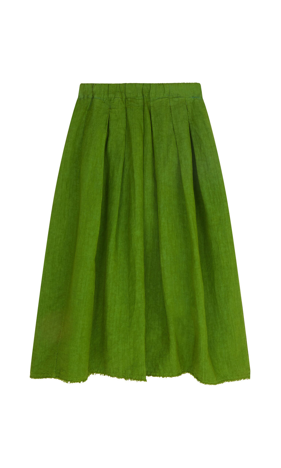 Plümo- The Cadiz Skirt is a knee-length green pleated linen skirt with a simple waistband, shown on white.
