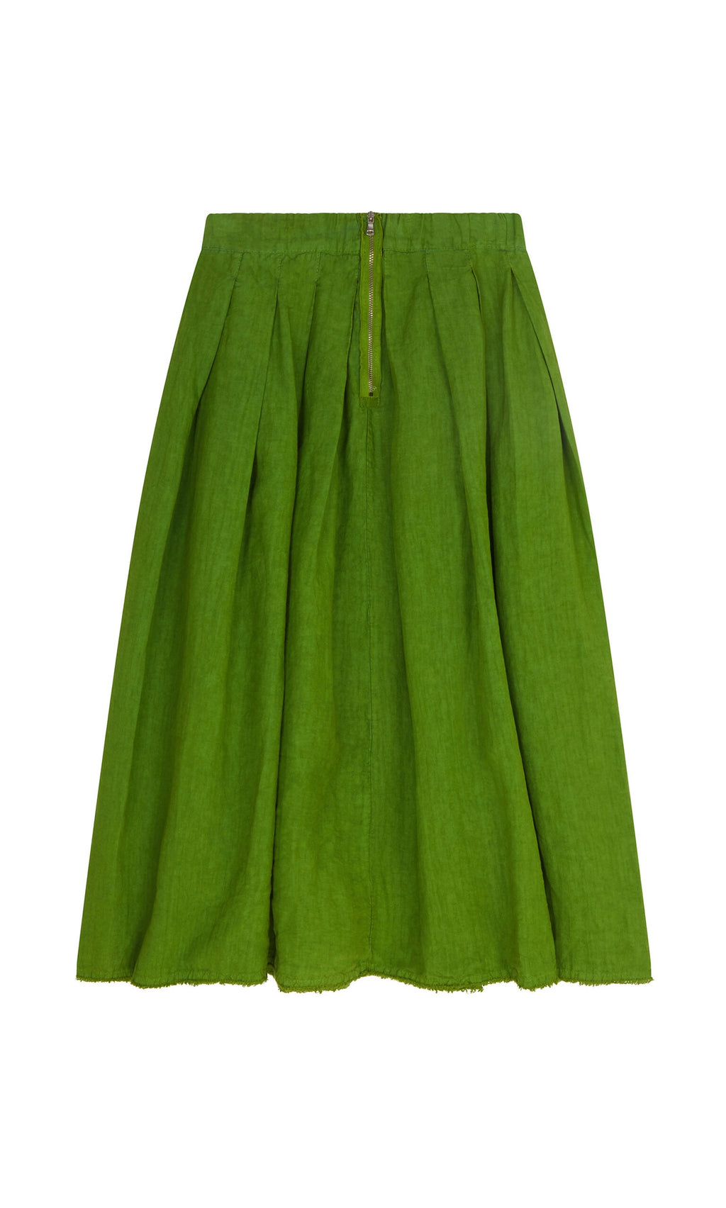 Plümo- Cadiz Skirt: bright green hand-dyed linen with pleats, front zipper, and raw hem, shown on white background.