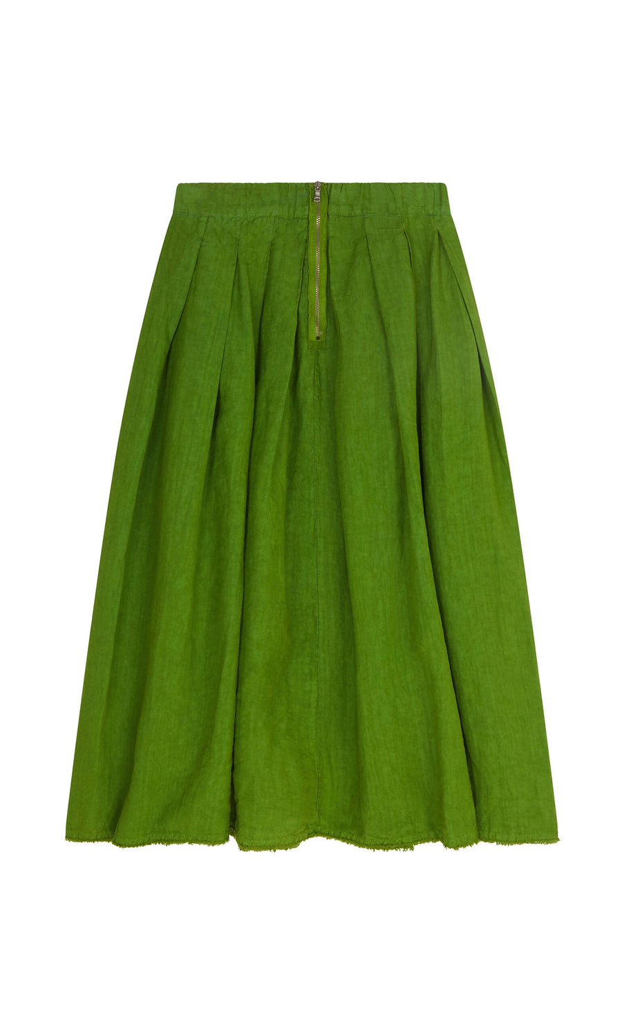 Plümo- Cadiz Skirt: bright green hand-dyed linen with pleats, front zipper, and raw hem, shown on white background.