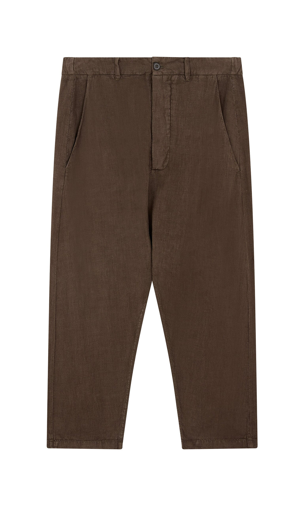 Plümo- Caper Pants - Brown: Relaxed straight-leg linen chinos with side pockets and front button-zip closure.