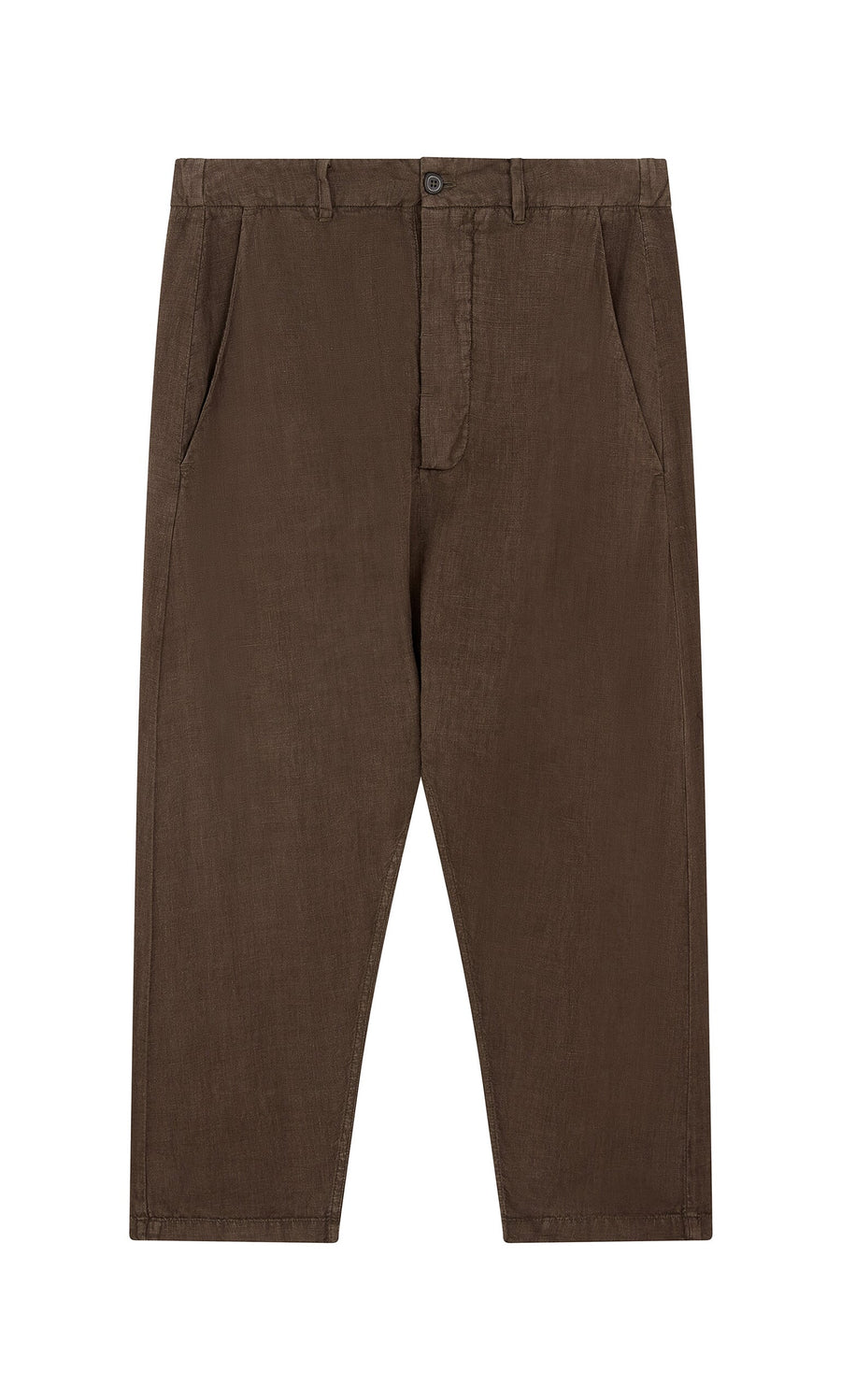 Plümo- Caper Pants - Brown: Relaxed straight-leg linen chinos with side pockets and front button-zip closure.