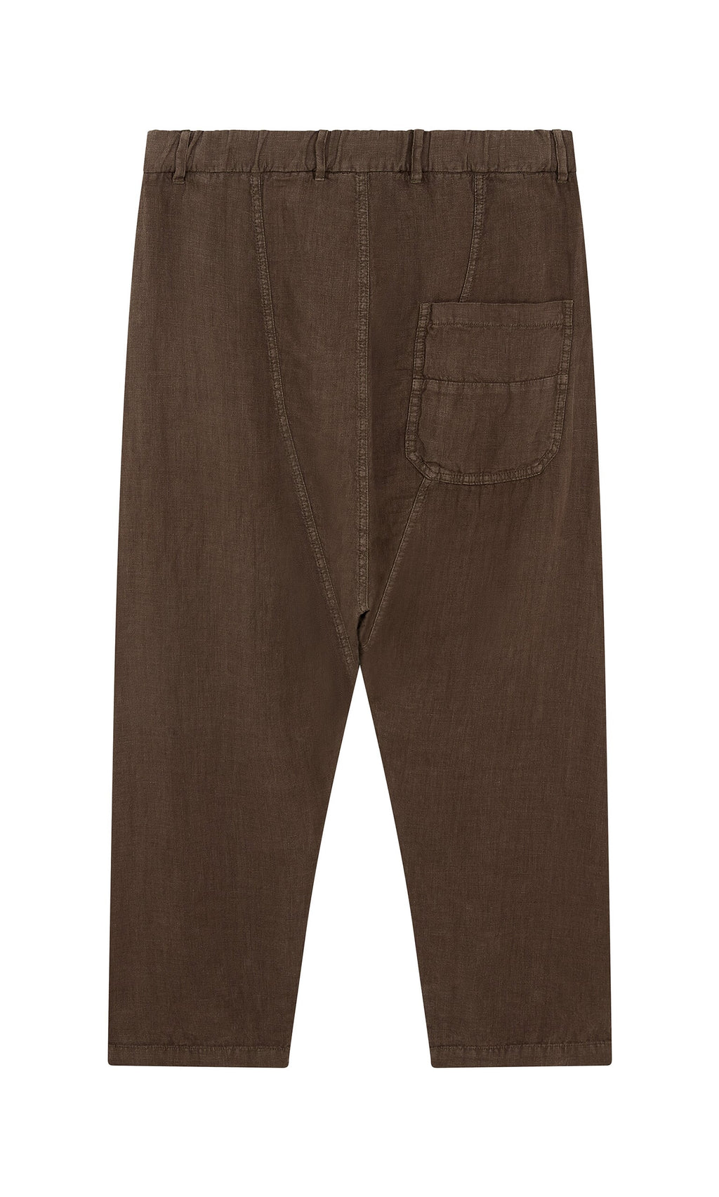 Plümo- Caper Pants - Brown: relaxed fit linen chinos with tapered legs and elastic waistband, shown on a white background.