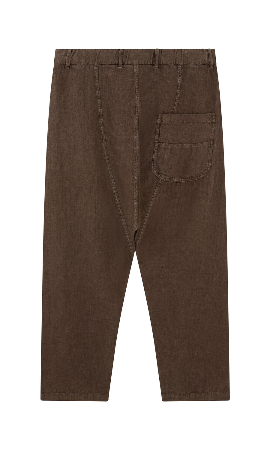 Plümo- Caper Pants - Brown: relaxed fit linen chinos with tapered legs and elastic waistband, shown on a white background.