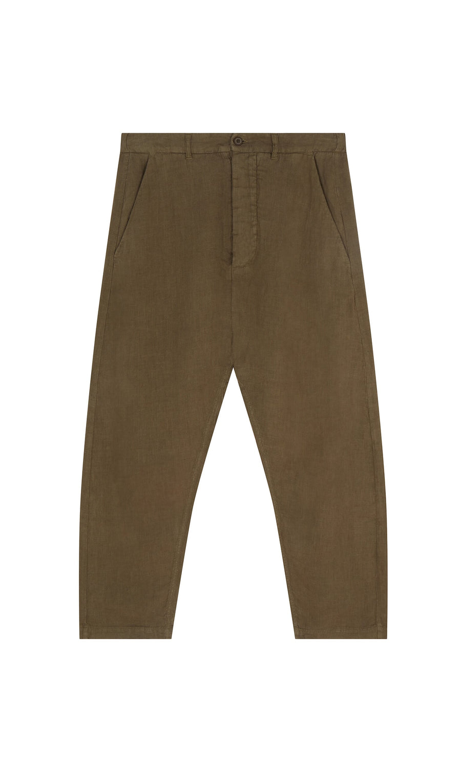 Plümo- Caper pants: olive green linen chinos with Danish design, button-zip closure, and slanted pockets on a white background.