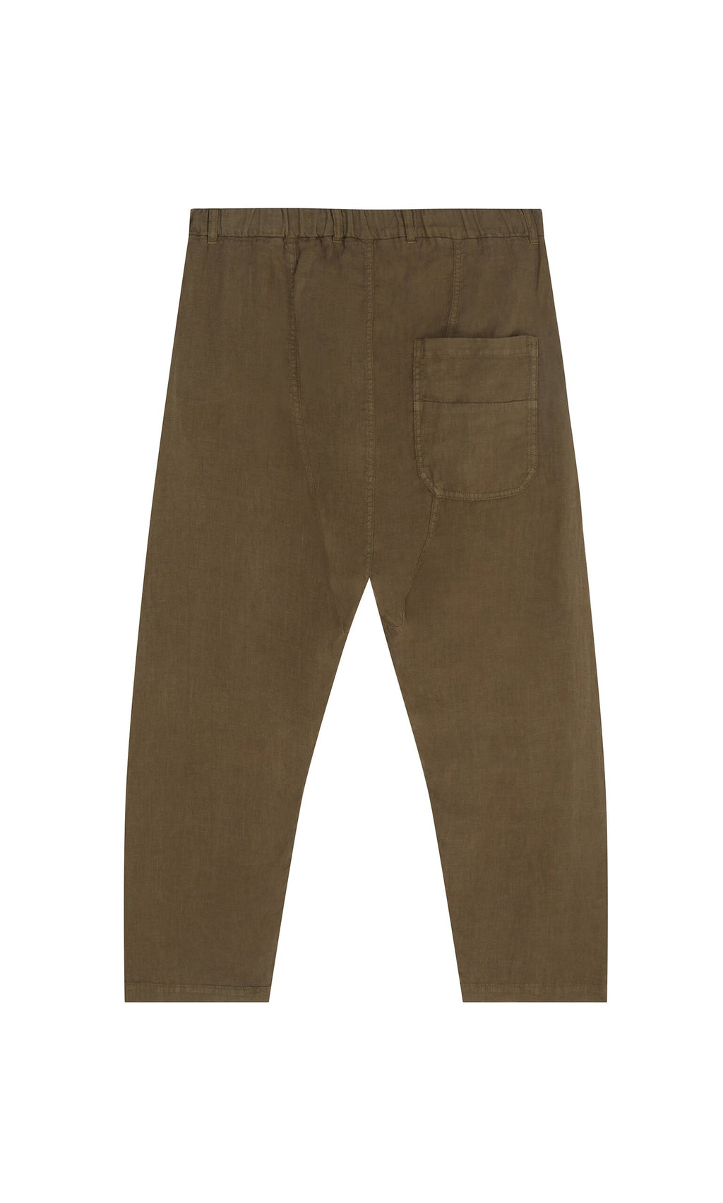 Plümo- Caper pants: brown linen with elastic waistband, single back pocket, Danish design, shown flat on white background.