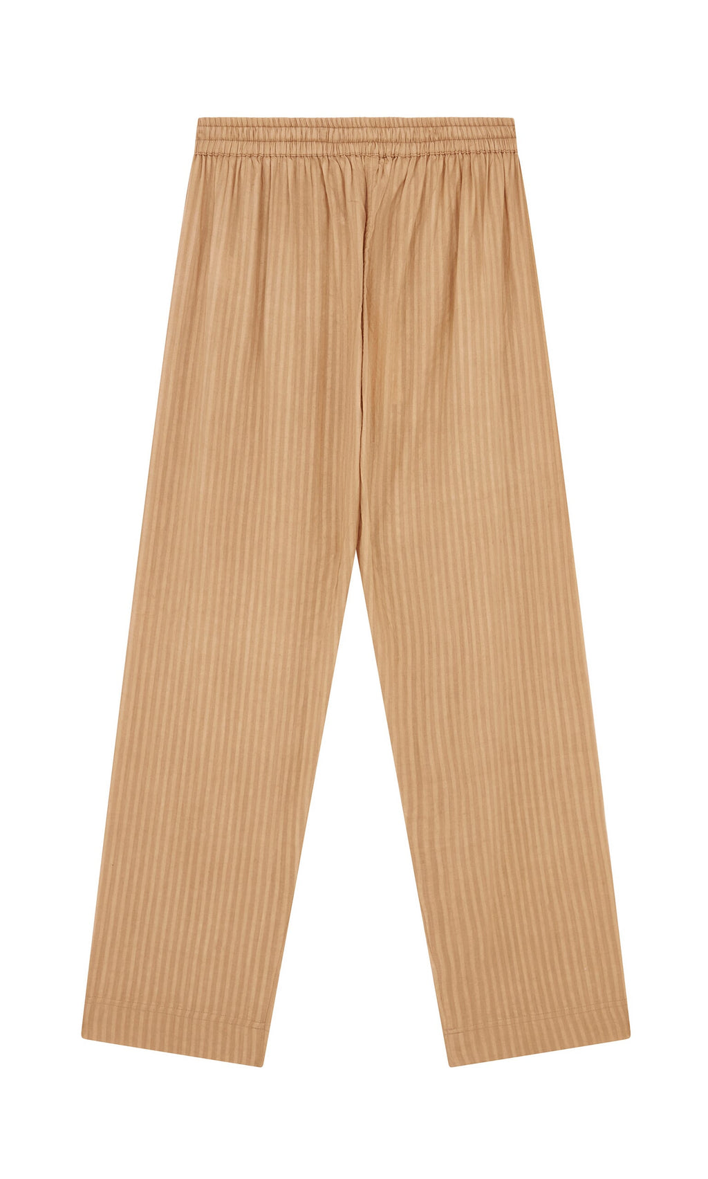 Plümo- Caramel Pants: wide-leg, tan self-striped cotton with drawstring and elastic waist, shown flat on white background.