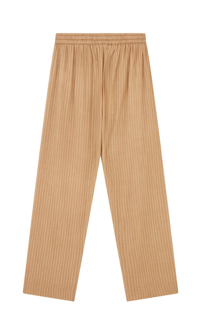 Plümo- Caramel Pants: wide-leg, tan self-striped cotton with drawstring and elastic waist, shown flat on white background.