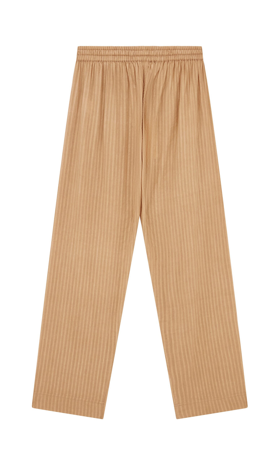 Plümo- Caramel Pants: wide-leg, tan self-striped cotton with drawstring and elastic waist, shown flat on white background.
