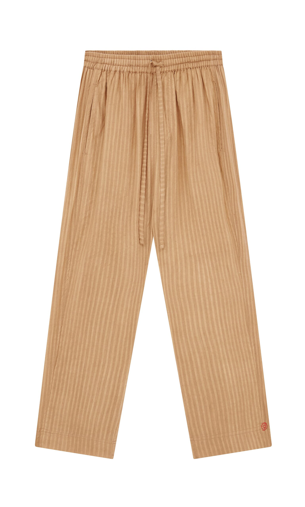 Plümo- Caramel Pants: tan self-striped cotton with elastic waist, drawstring, and wide legs, shown flat on white.