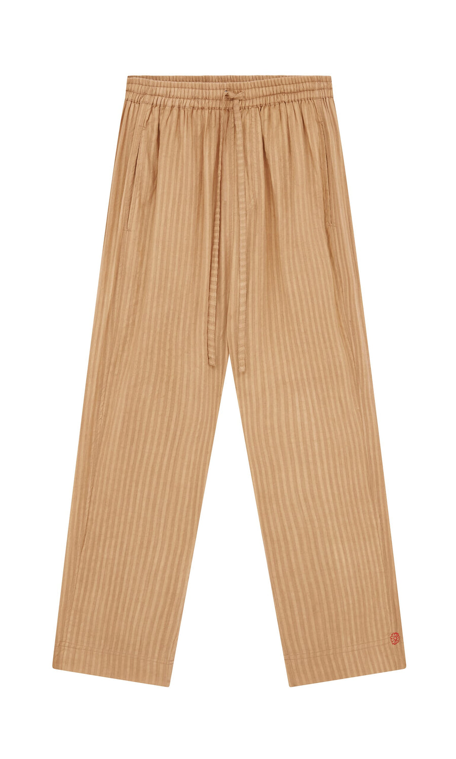Plümo- Caramel Pants: tan self-striped cotton with elastic waist, drawstring, and wide legs, shown flat on white.
