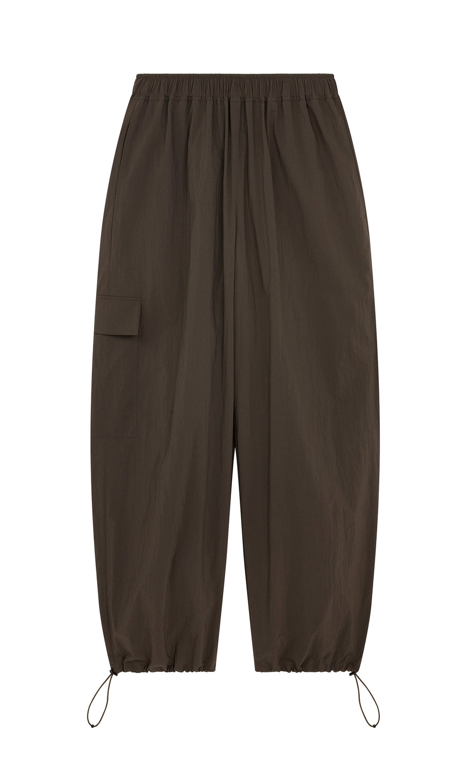 Plümo- Dark brown Cargo Pants with relaxed legs, elastic waistband, side pocket, and adjustable ankle bungee cords.