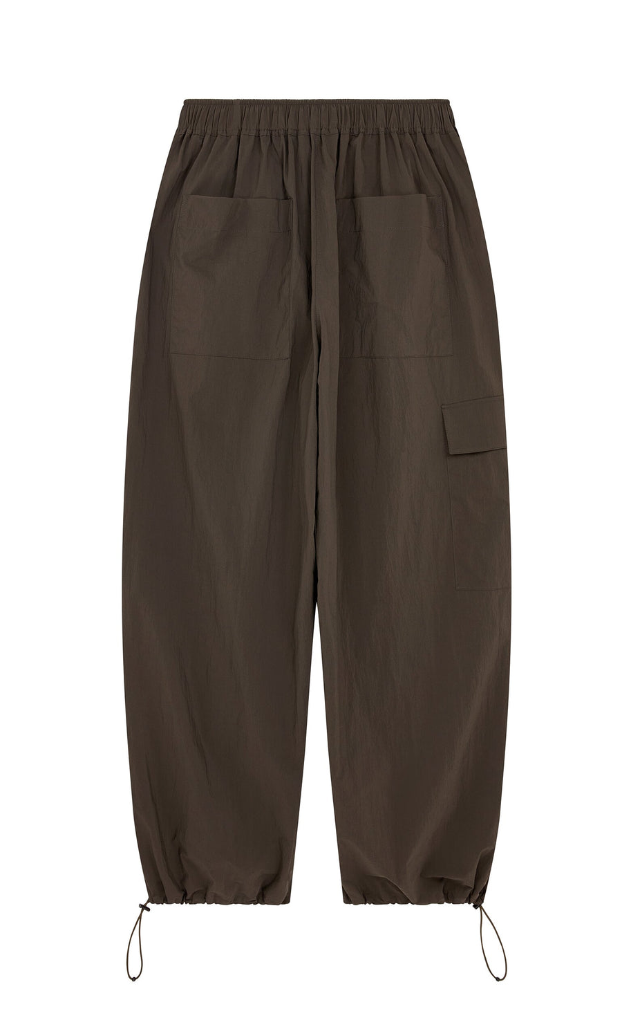 Plümo- Dark brown Cargo Pants with relaxed legs, front patch pockets, elastic waist, and adjustable ankle cords.
