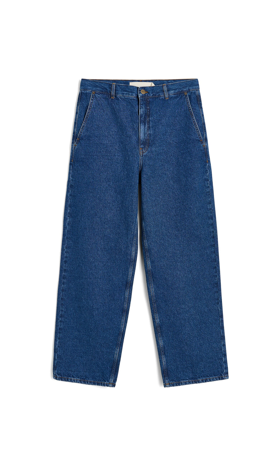 Plümo- Carlo Jeans: high-waisted, wide leg blue denim with front pockets, shown flat on a white background.