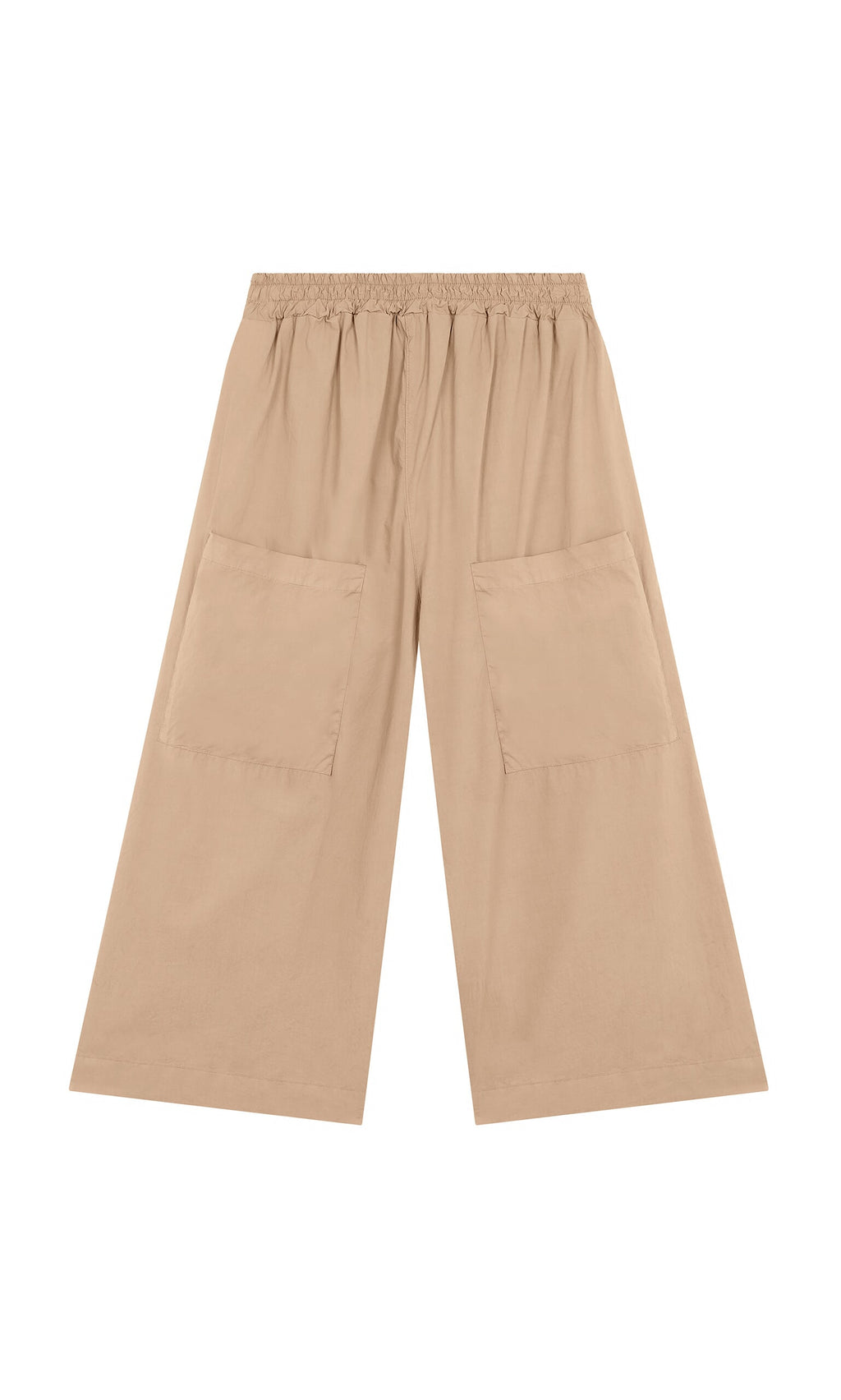 Plümo- Howland Pants: light brown cotton, wide-leg pull-on style with large patch pockets and elastic waist, on white background.