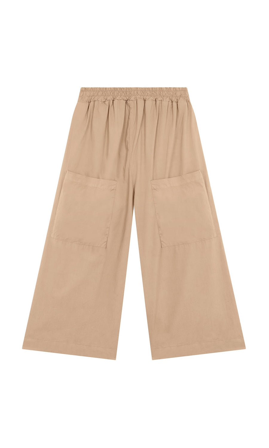 Plümo- Howland Pants: light brown cotton, wide-leg pull-on style with large patch pockets and elastic waist, on white background.