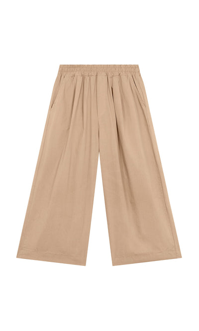 Plümo- Howland Pants: Beige cotton pull-on pants with an elastic waist and wide-leg silhouette, shown flat on a white background.