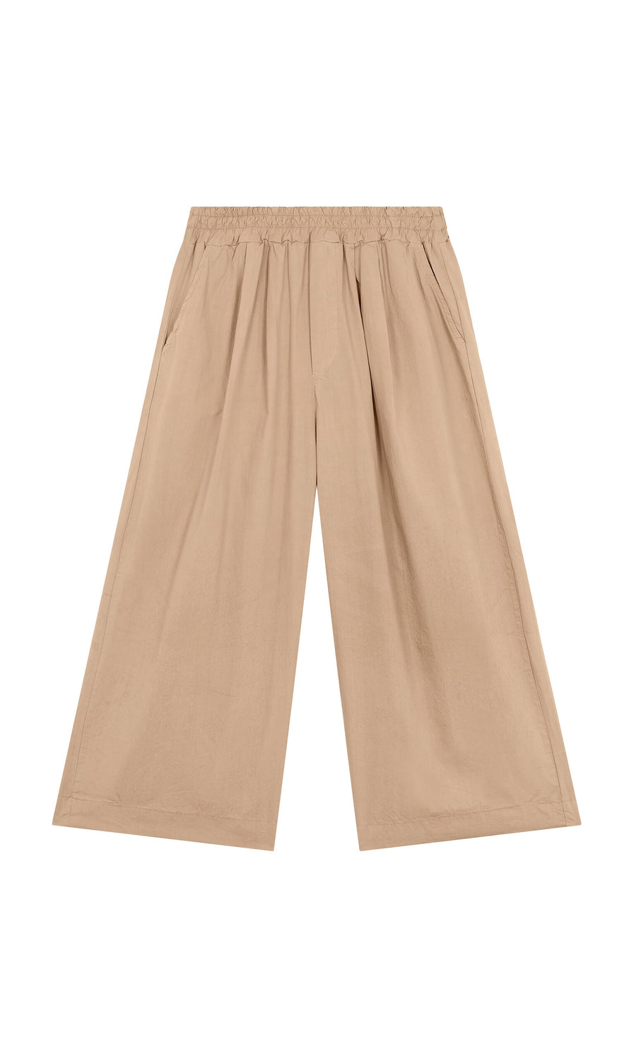 Plümo- Howland Pants: Beige cotton pull-on pants with an elastic waist and wide-leg silhouette, shown flat on a white background.