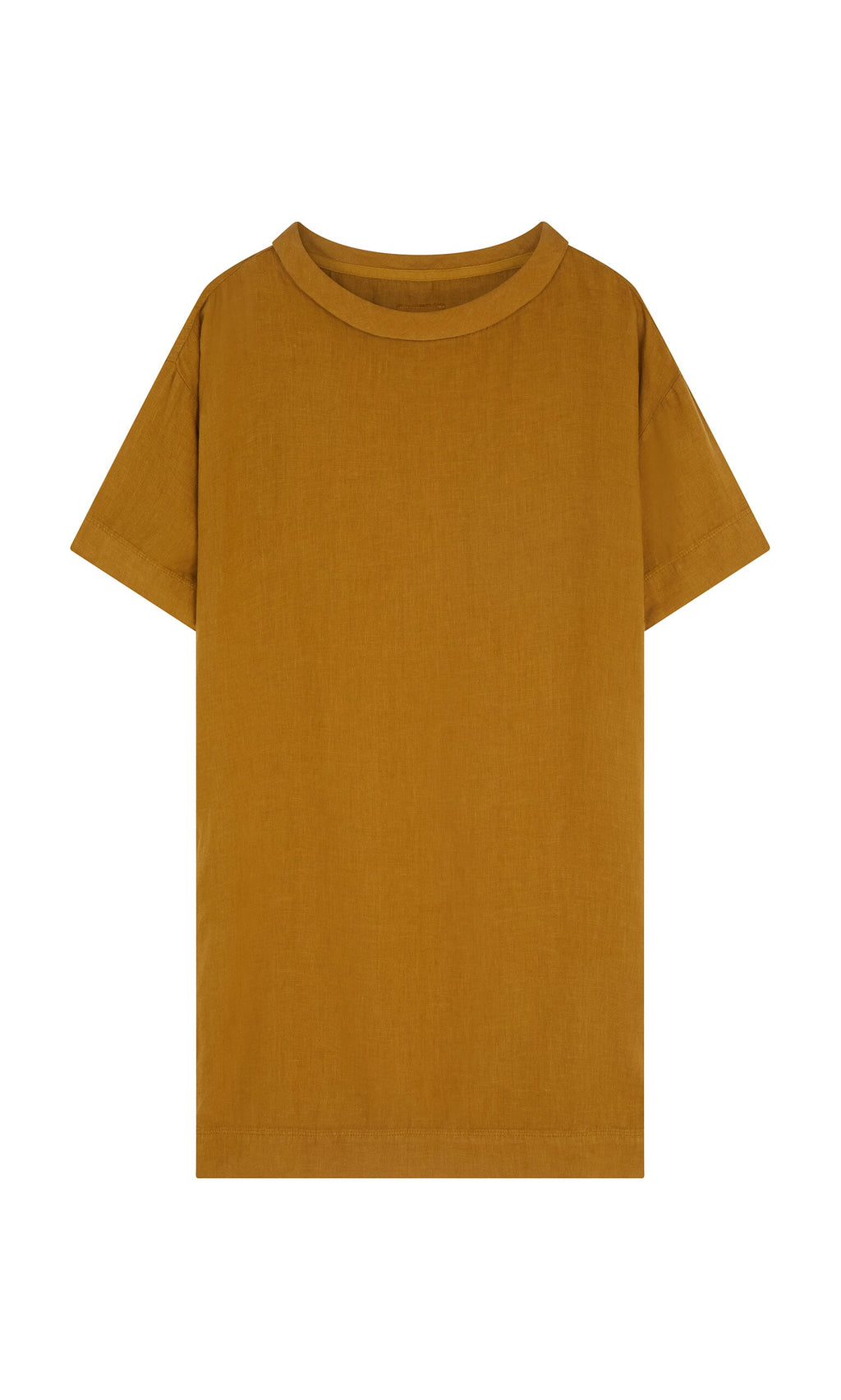 Plümo- Carmone Dress with Danish design, mustard yellow, short sleeves, laid flat on a white background.