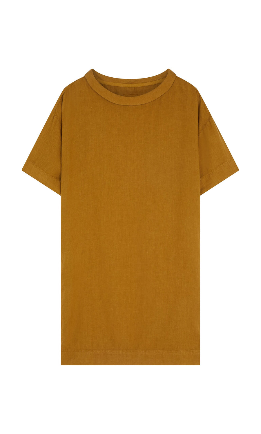 Plümo- Carmone Dress with Danish design, mustard yellow, short sleeves, laid flat on a white background.