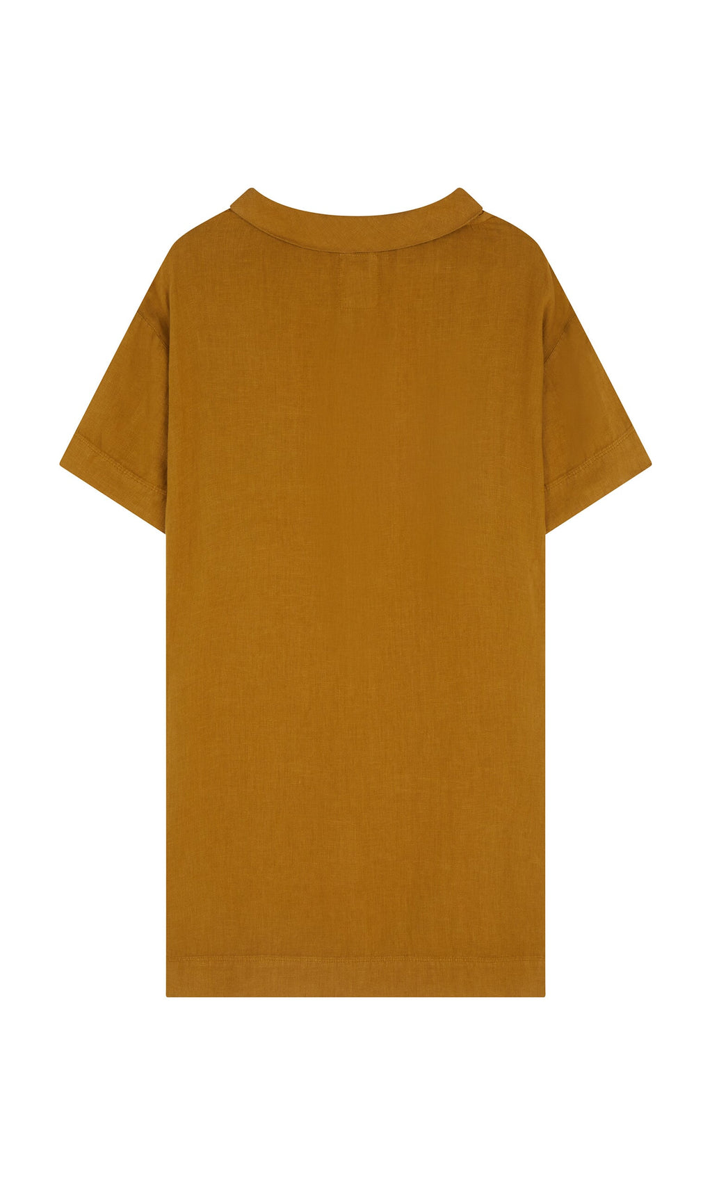 Plümo- Back view of the Carmone Dress in mustard, Danish design, short sleeves, with collar, laid flat on white background.