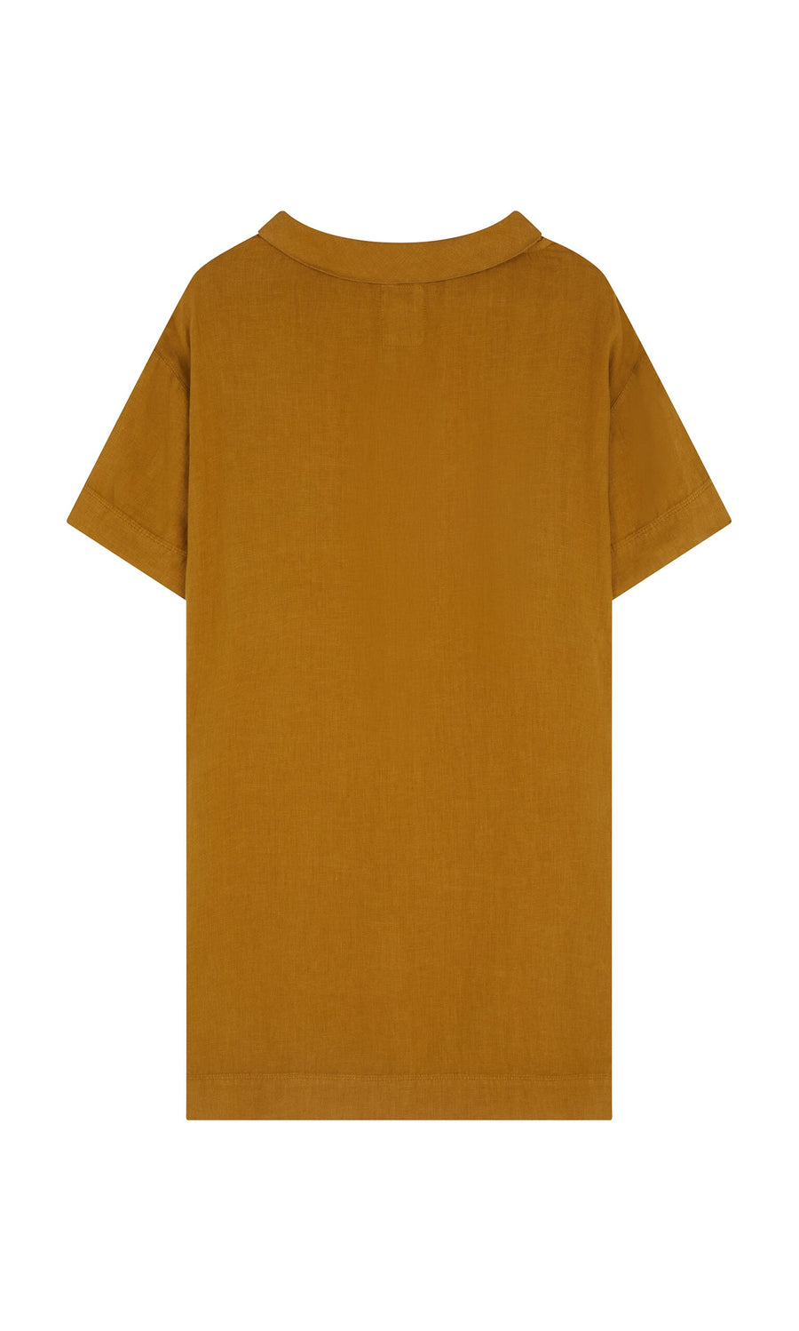 Plümo- Back view of the Carmone Dress in mustard, Danish design, short sleeves, with collar, laid flat on white background.